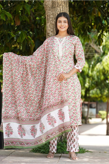 Women's Pink Floral Print Cotton Kurta and Dupatta Pant Set