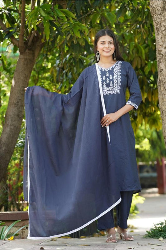 Women's Chanderi Navy Blue Kurta Pant With Dupatta Set