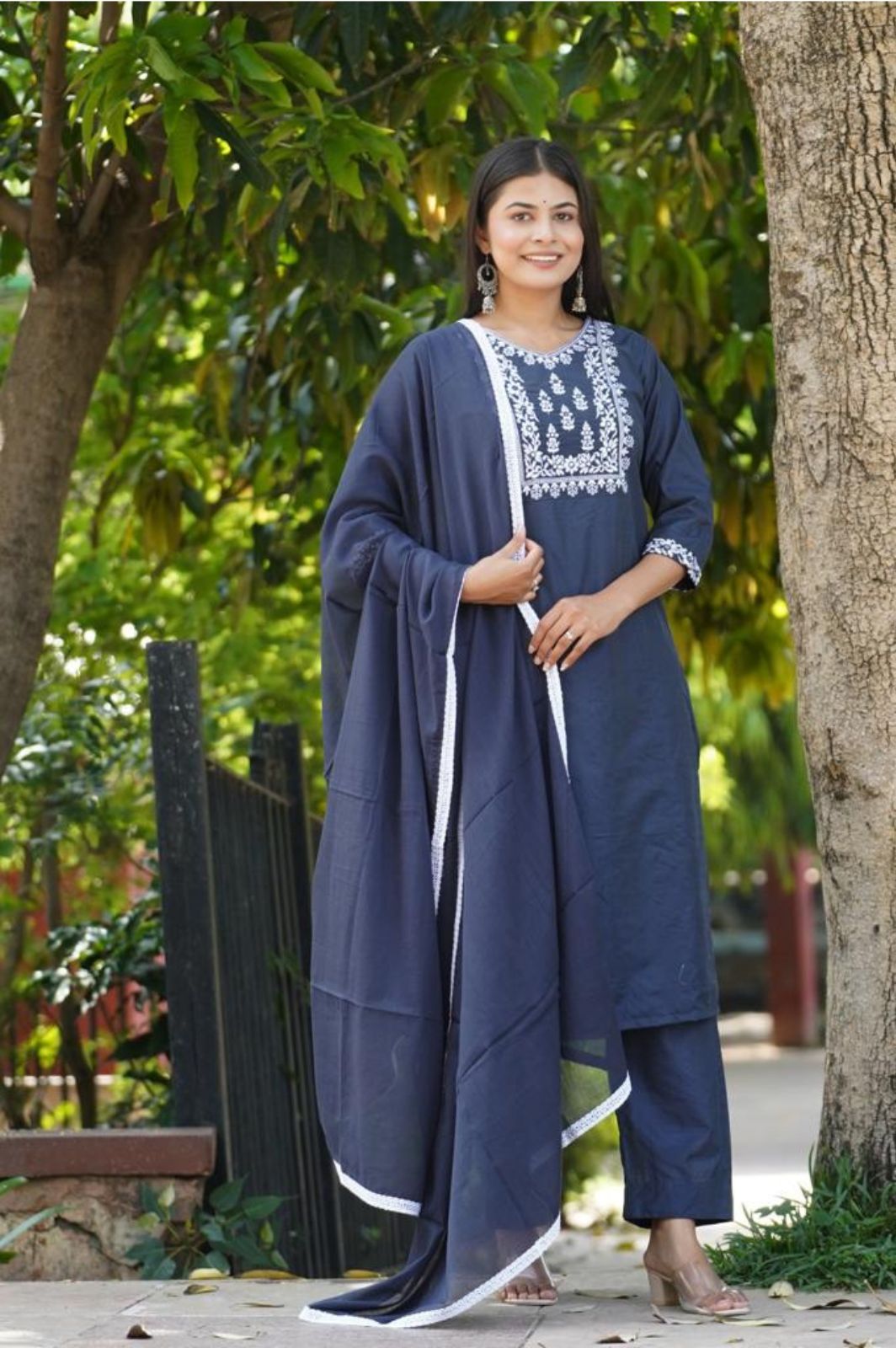 Women's Chanderi Navy Blue Kurta Pant With Dupatta Set