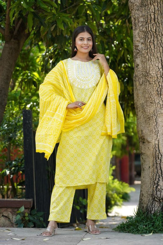 Women's Yellow Kurta Pant and Dupatta Set