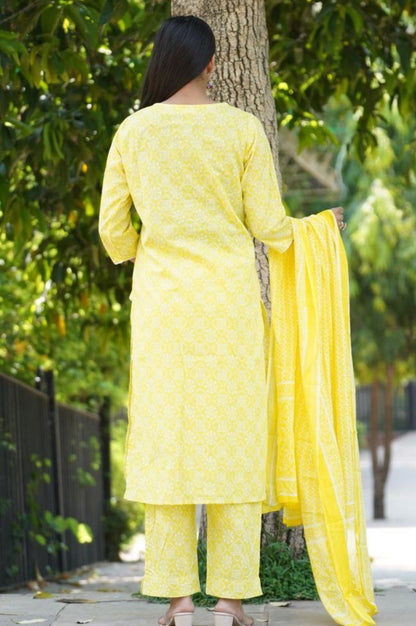 Women's Yellow Kurta Pant and Dupatta Set