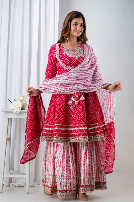 Red Color Bandhani Pattern Kurta Sharara Dupatta Set