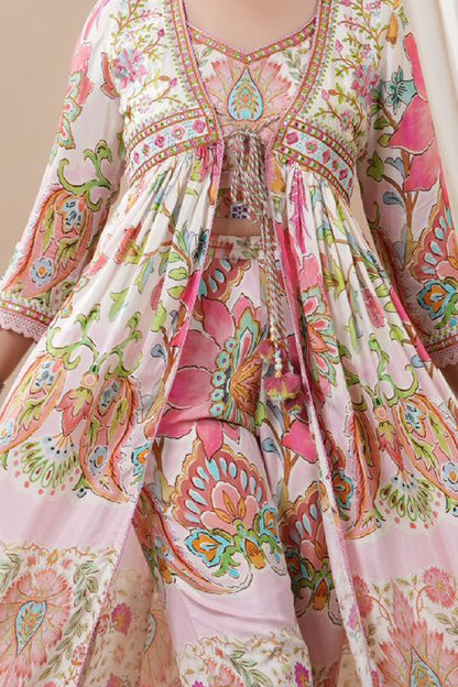 PINK ROYAL FLORAL PRINT BLOUSE WITH PANTS AND TASSELS EMBELLISHED SHRUG