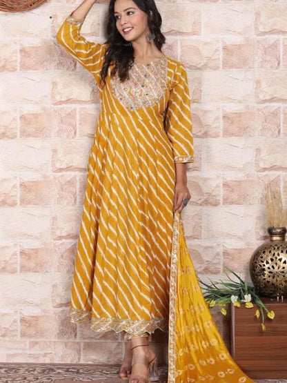 A Mustard Bandhani Print Rayon Kurta Dupatta Set