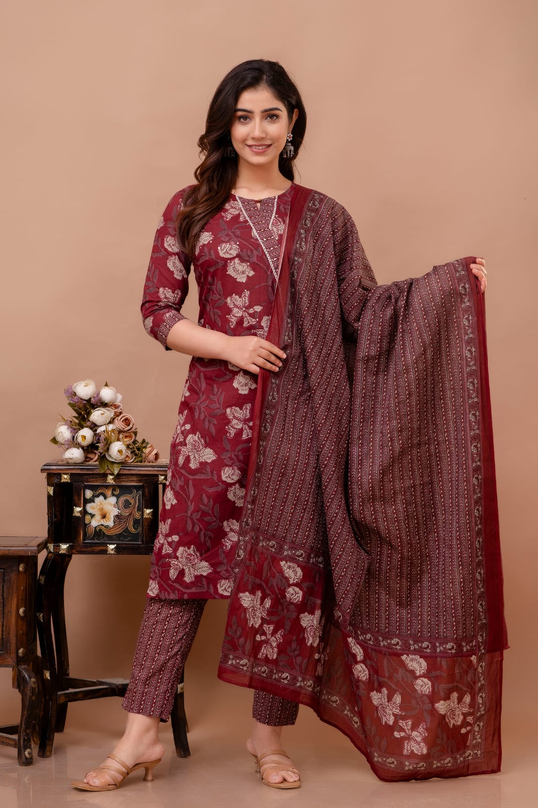 Maroon Floral Prints 3-Piece Dupatta Set