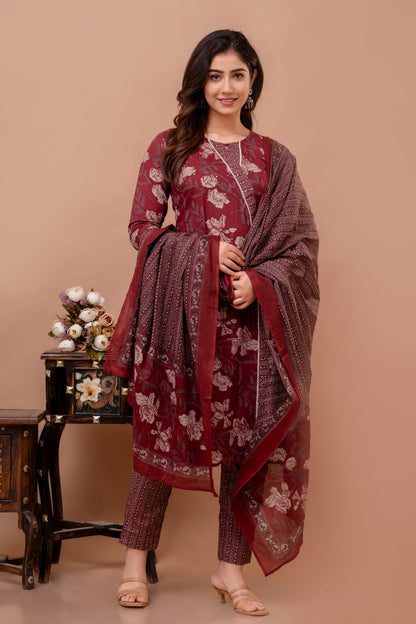 Maroon Floral Prints 3-Piece Dupatta Set