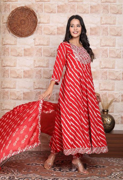 Red Bandhani  Print Rayon Kurta Dupatta Set