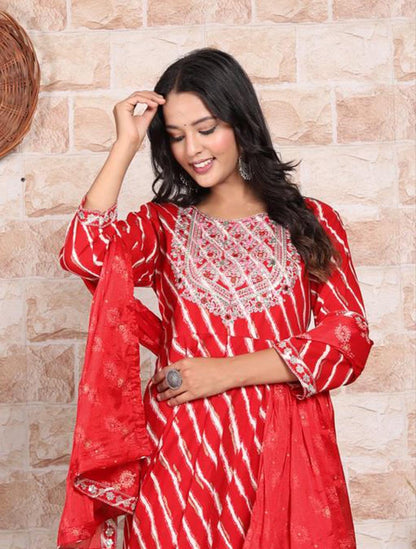 Red Bandhani  Print Rayon Kurta Dupatta Set