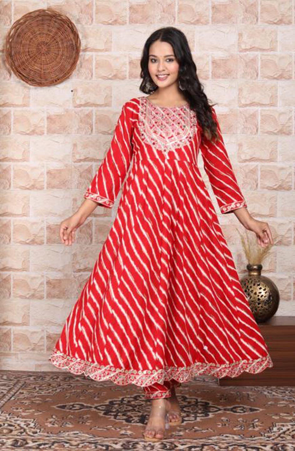 Red Bandhani  Print Rayon Kurta Dupatta Set