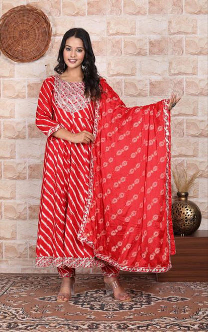 Red Bandhani  Print Rayon Kurta Dupatta Set