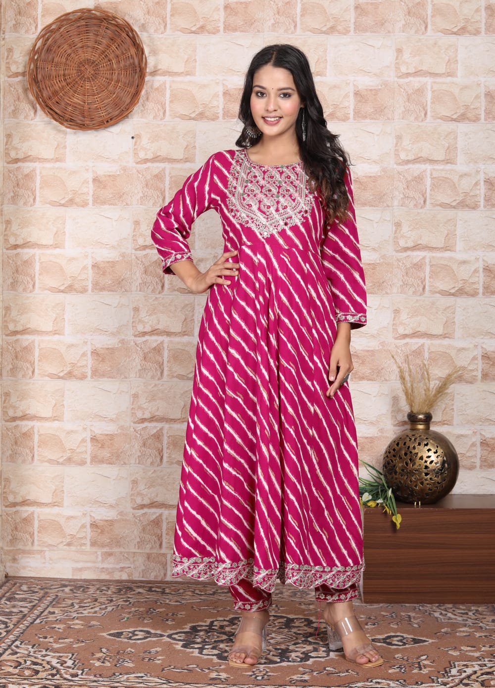 Pink Bandhani  Print Rayon Kurta Dupatta Set