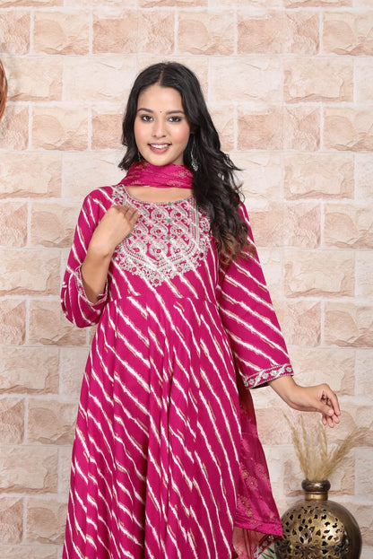 Pink Bandhani  Print Rayon Kurta Dupatta Set