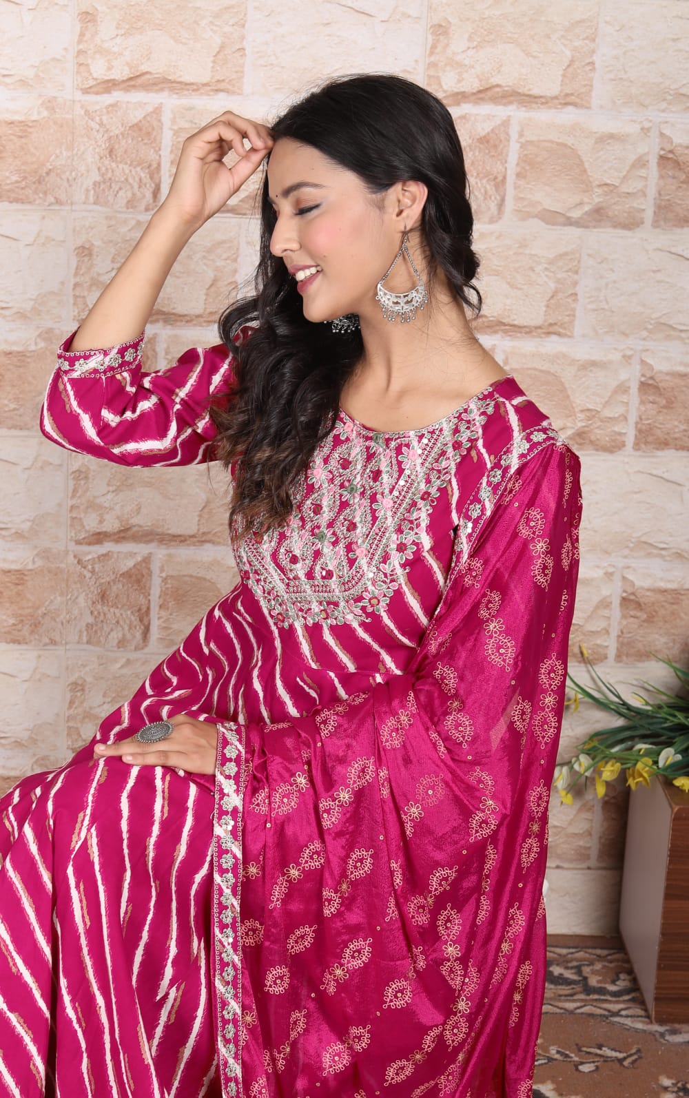 Pink Bandhani  Print Rayon Kurta Dupatta Set