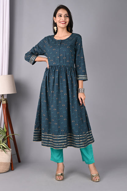 Women's Teal Blue Anarkali Kurta with Pant