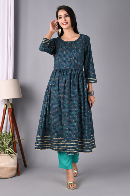 Women's Teal Blue Anarkali Kurta with Pant