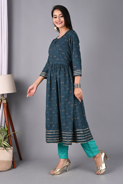 Women's Teal Blue Anarkali Kurta with Pant