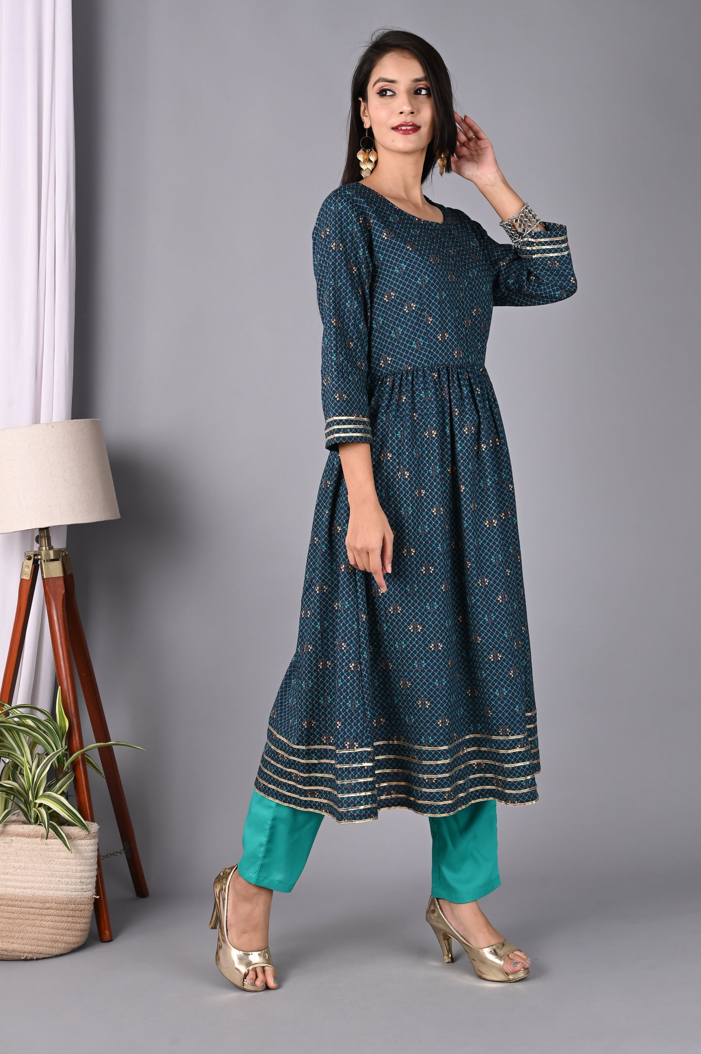 Women's Teal Blue Anarkali Kurta with Pant