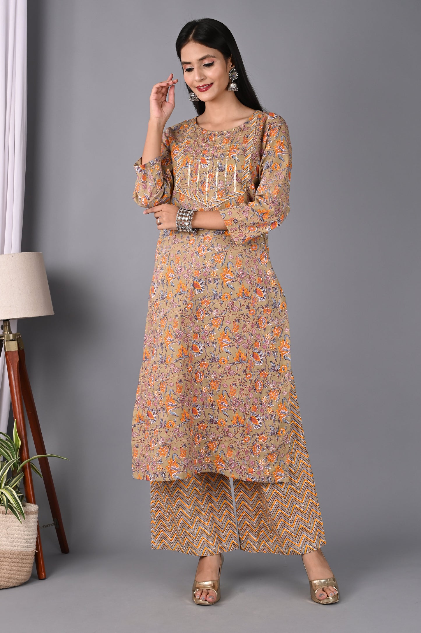 Women's Brown Floral Printed Kurta With Palazzo