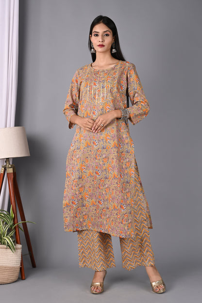 Women's Brown Floral Printed Kurta With Palazzo