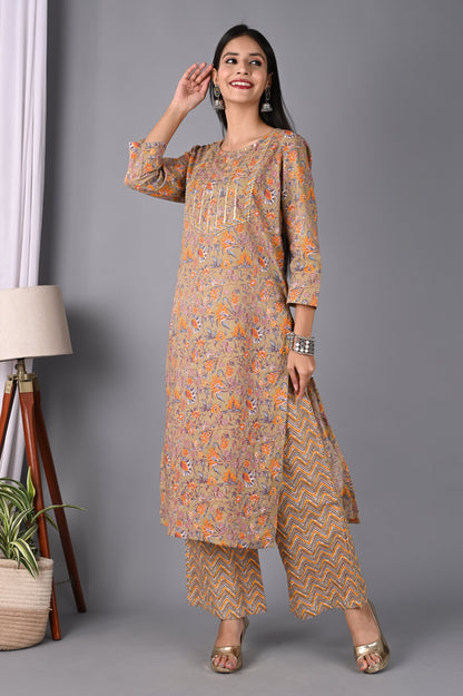 Women's Brown Floral Printed Kurta With Palazzo