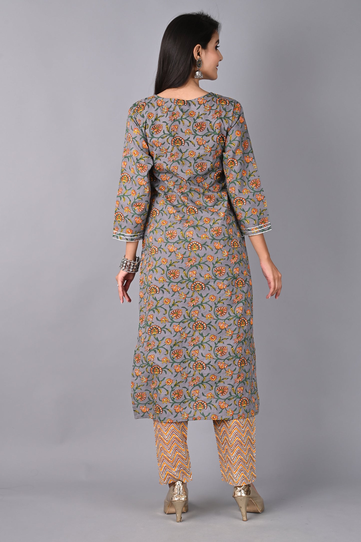 Women's Grey Floral Kurta with Pant