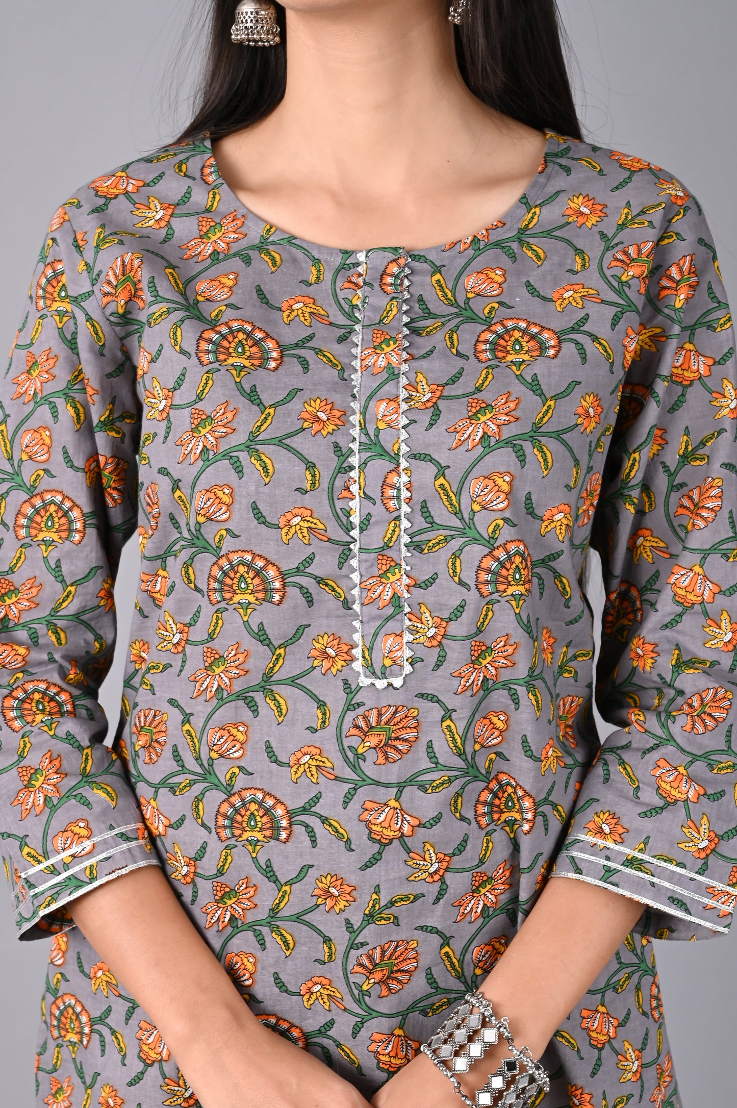 Women's Grey Floral Kurta with Pant