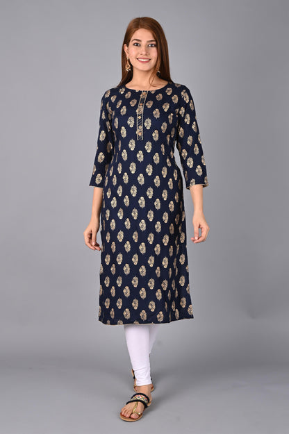 Women's Navy Blue Foil Print kurta