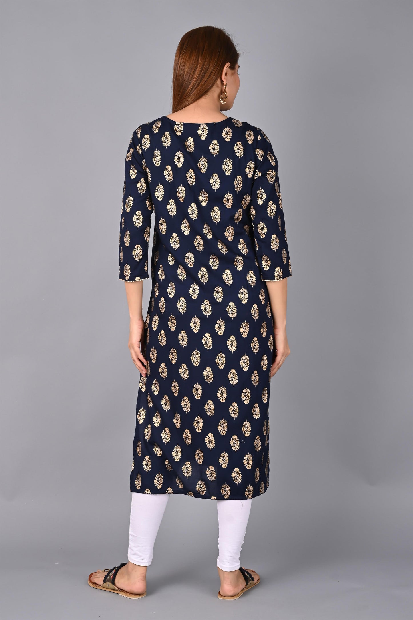 Women's Navy Blue Foil Print kurta