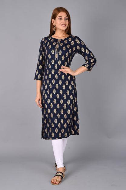 Women's Navy Blue Foil Print kurta