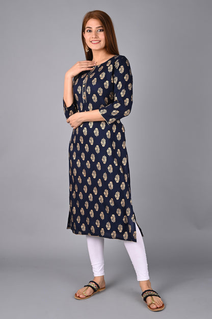 Women's Navy Blue Foil Print kurta